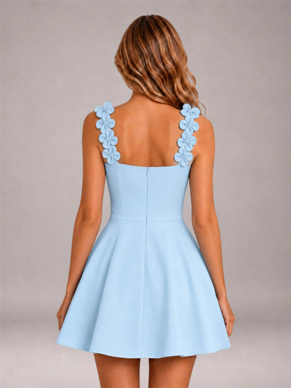 Light Blue 3D Floral Strap Square Neck A-Line Mini Homecoming Dress