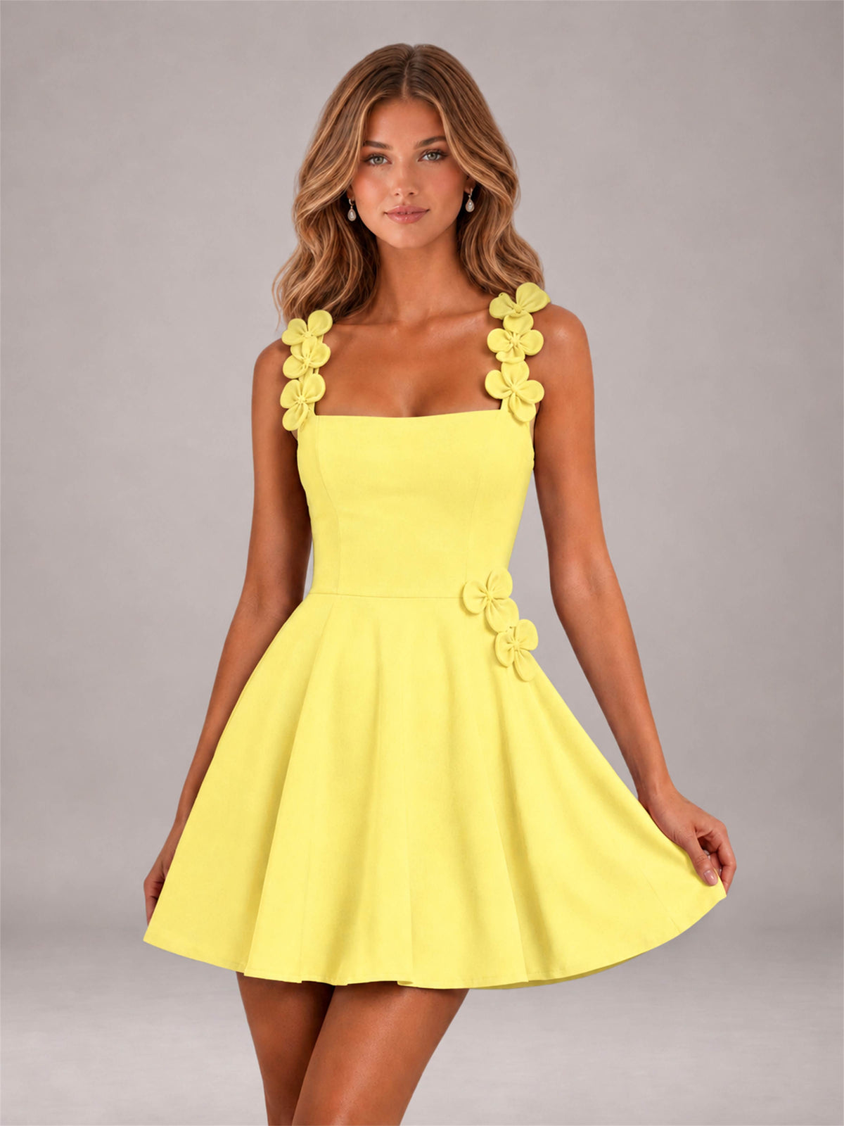 Light Yellow 3D Floral Strap Square Neck A-Line Mini Homecoming Dress