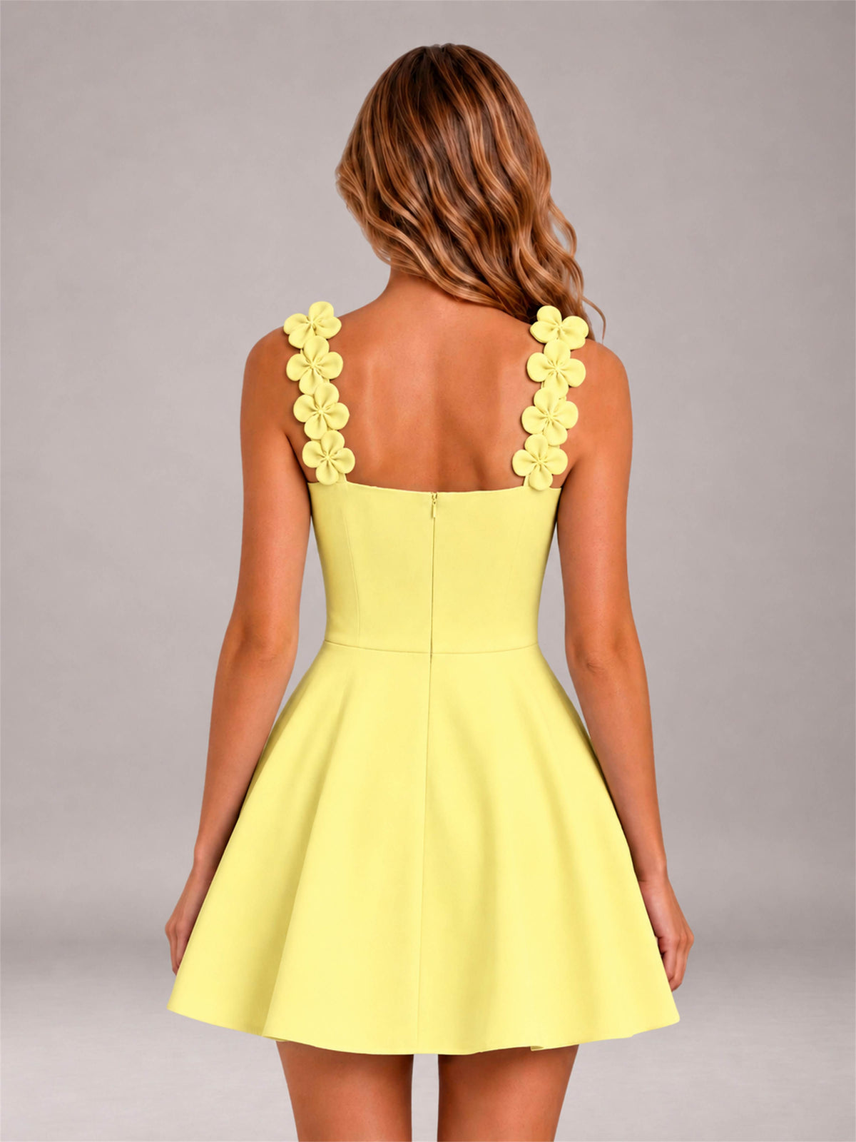 Light Yellow 3D Floral Strap Square Neck A-Line Mini Homecoming Dress