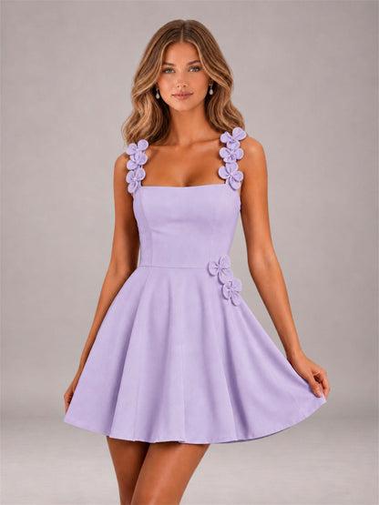 Lilac 3D Floral Strap Square Neck A-Line Mini Homecoming Dress