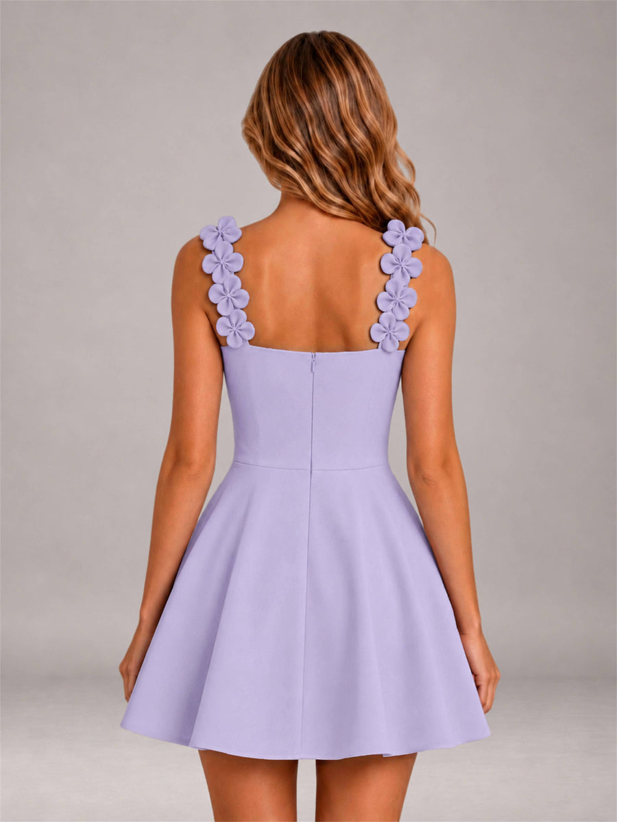Lilac 3D Floral Strap Square Neck A-Line Mini Homecoming Dress
