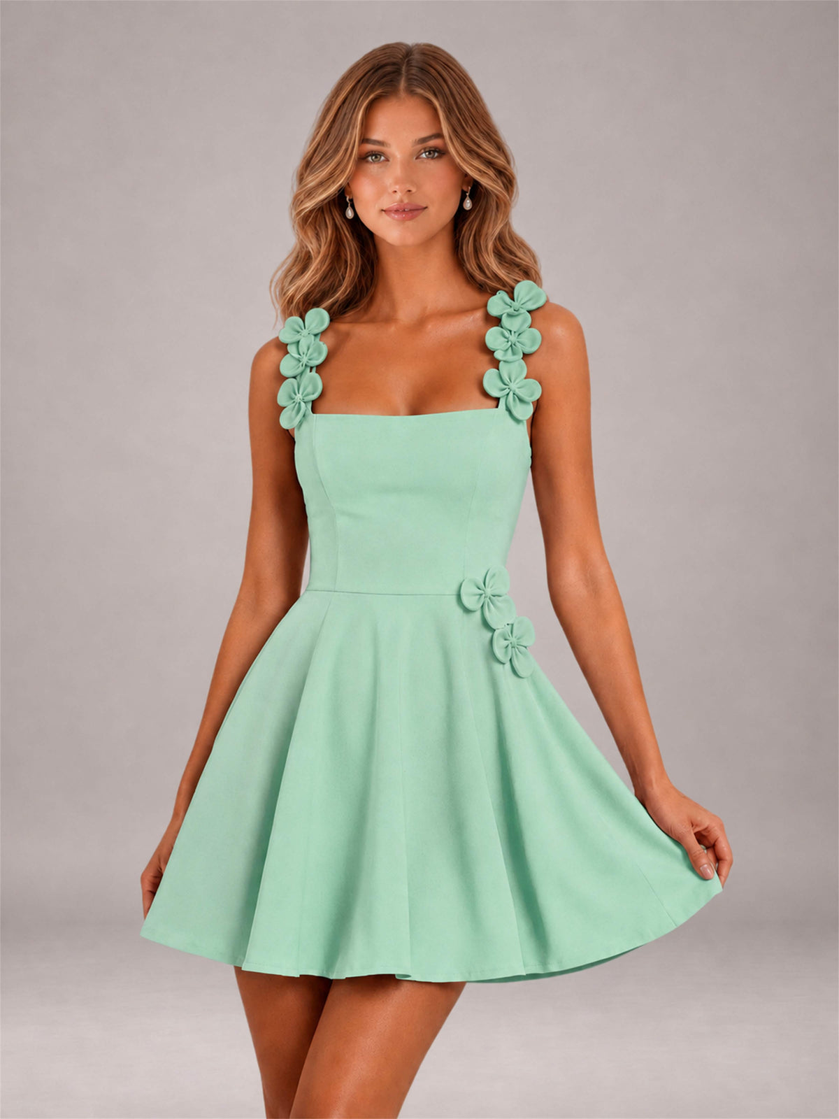 Mint Green 3D Floral Strap Square Neck A-Line Mini Homecoming Dress