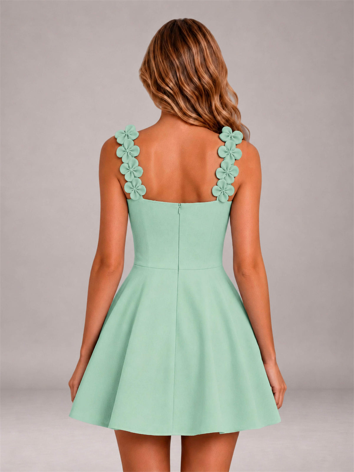 Mint Green 3D Floral Strap Square Neck A-Line Mini Homecoming Dress