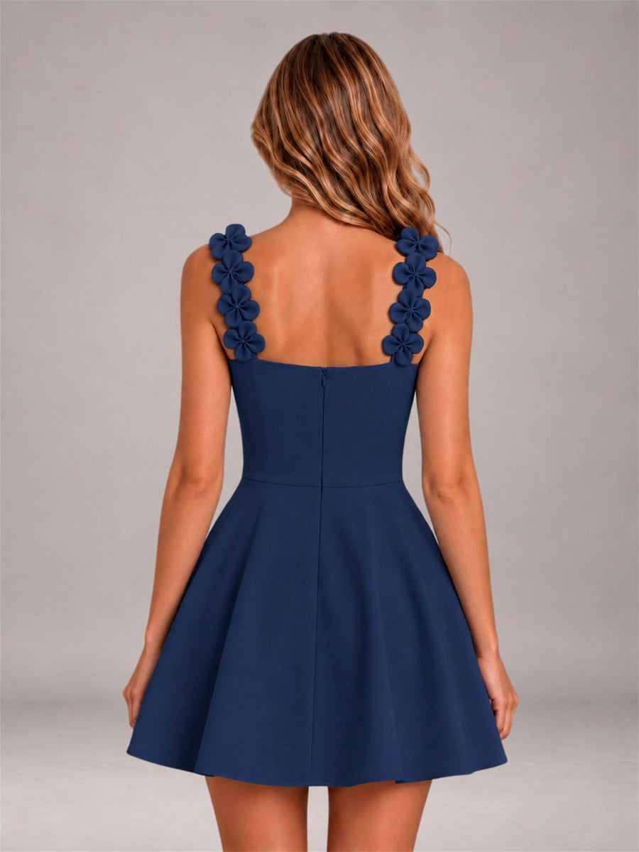 Navy Blue 3D Floral Strap Square Neck A-Line Mini Homecoming Dress