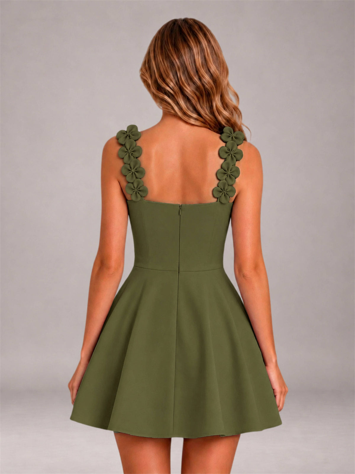 Olive Green 3D Floral Strap Square Neck A-Line Mini Homecoming Dress