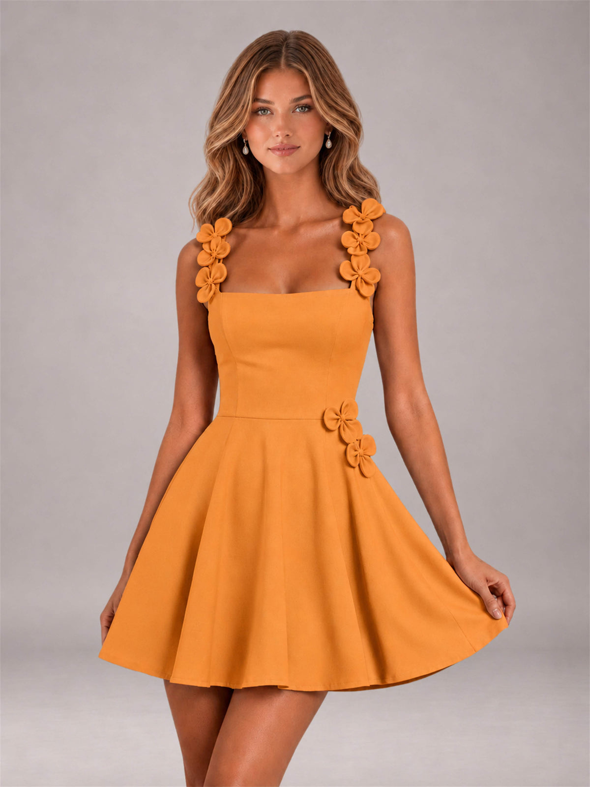 Orange 3D Floral Strap Square Neck A-Line Mini Homecoming Dress