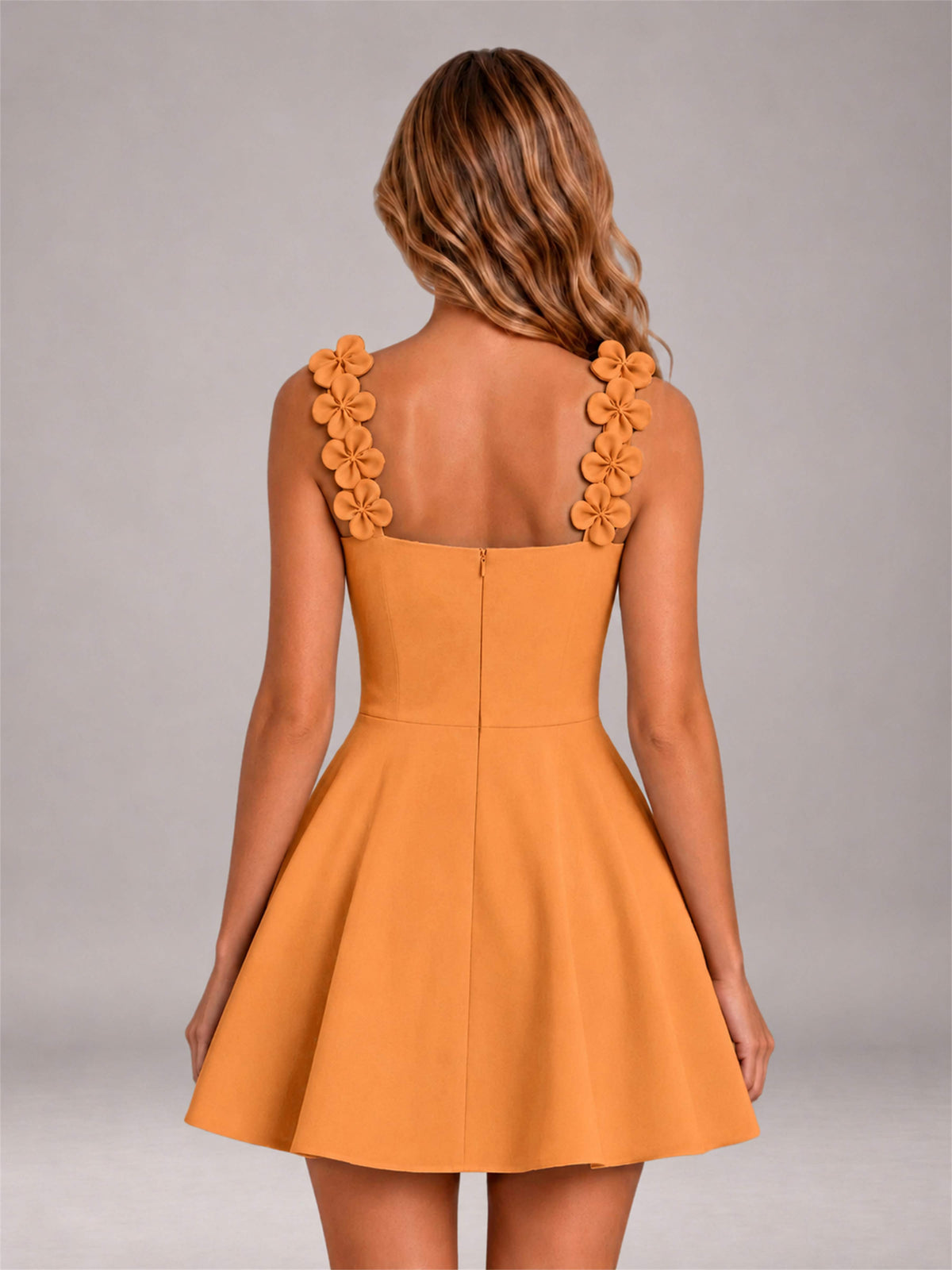 Orange 3D Floral Strap Square Neck A-Line Mini Homecoming Dress