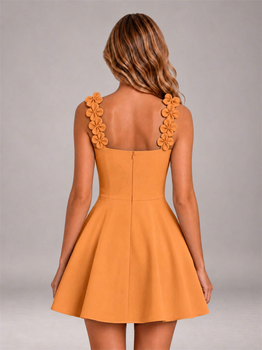 Orange 3D Floral Strap Square Neck A-Line Mini Homecoming Dress