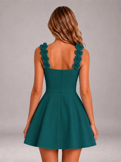 Peacock 3D Floral Strap Square Neck A-Line Mini Homecoming Dress