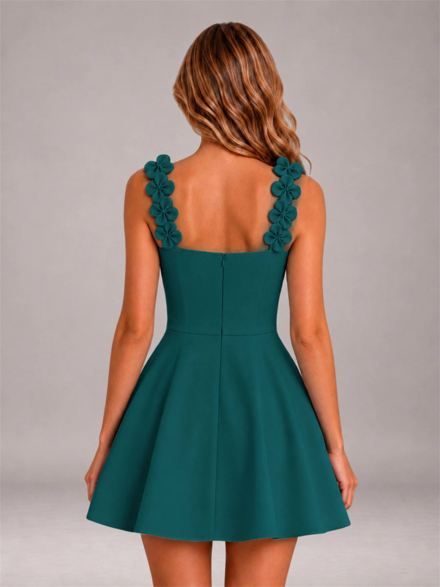 Peacock 3D Floral Strap Square Neck A-Line Mini Homecoming Dress