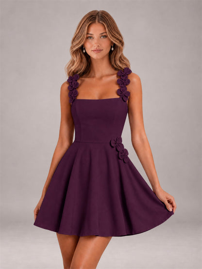 Plum 3D Floral Strap Square Neck A-Line Mini Homecoming Dress