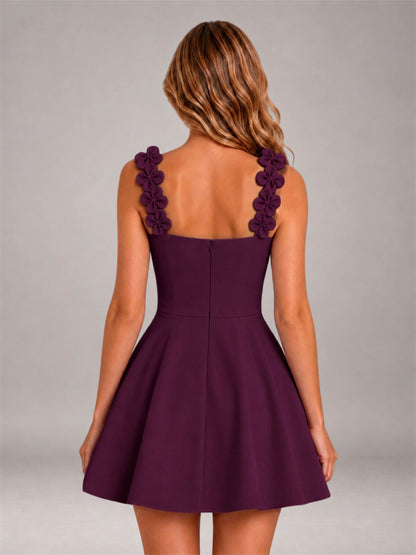 Plum 3D Floral Strap Square Neck A-Line Mini Homecoming Dress
