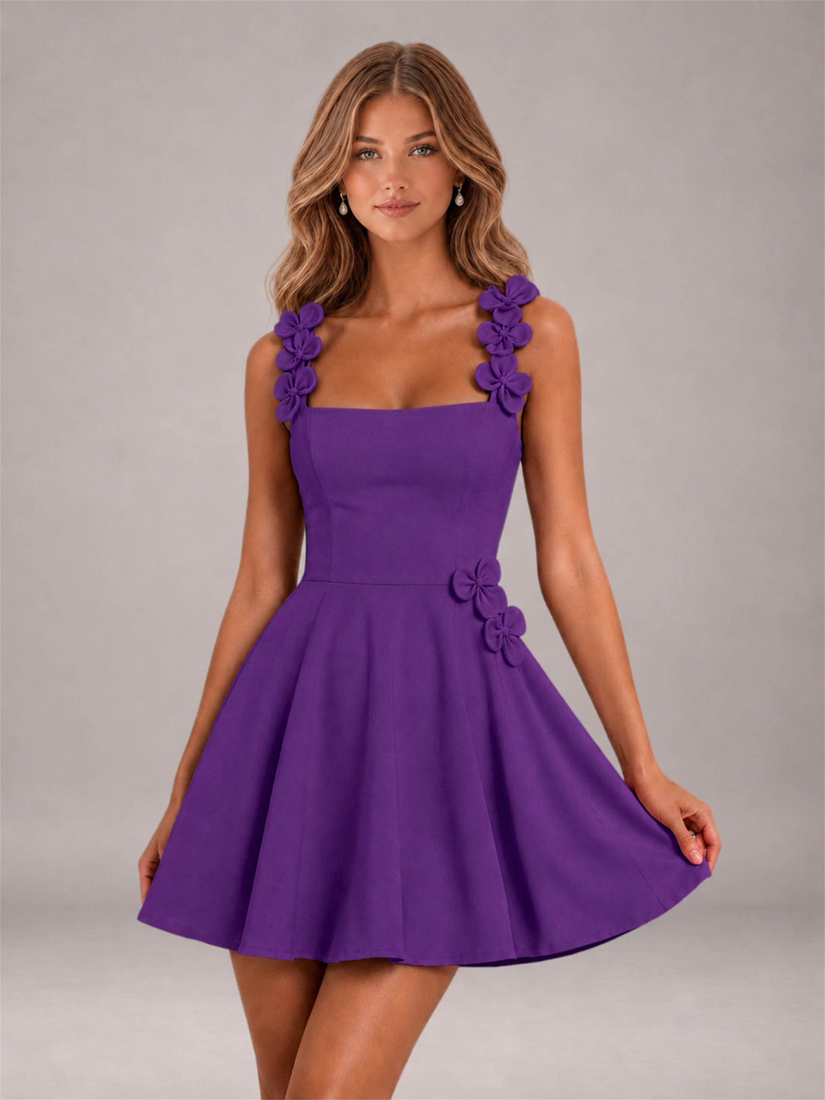 Purple 3D Floral Strap Square Neck A-Line Mini Homecoming Dress