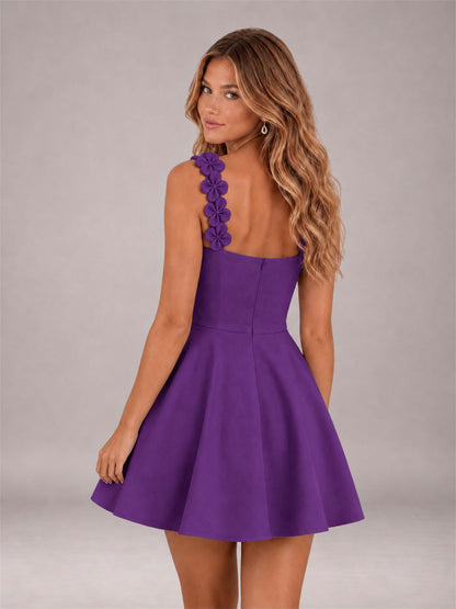 Purple 3D Floral Strap Square Neck A-Line Mini Homecoming Dress