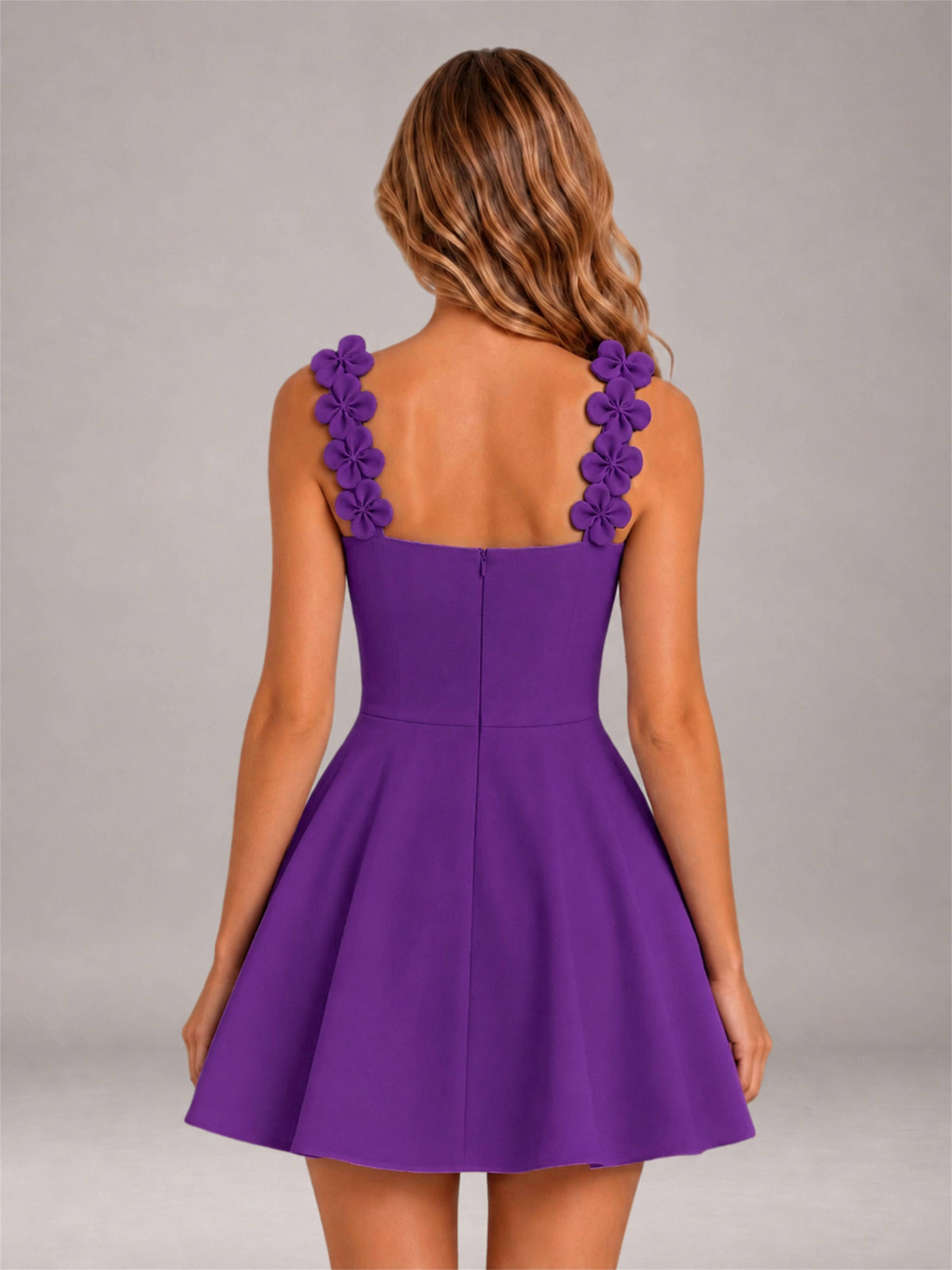Purple 3D Floral Strap Square Neck A-Line Mini Homecoming Dress