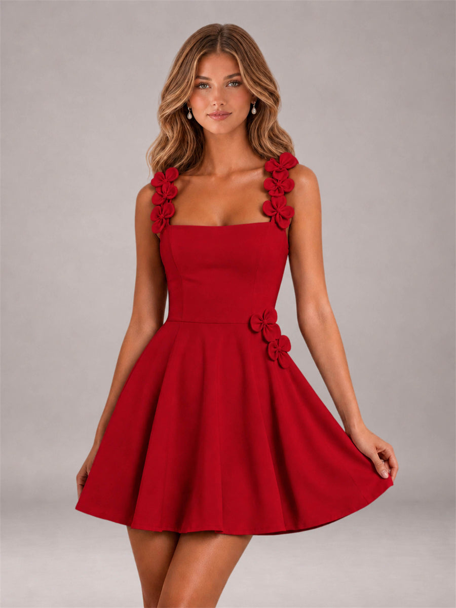 Red 3D Floral Strap Square Neck A-Line Mini Homecoming Dress