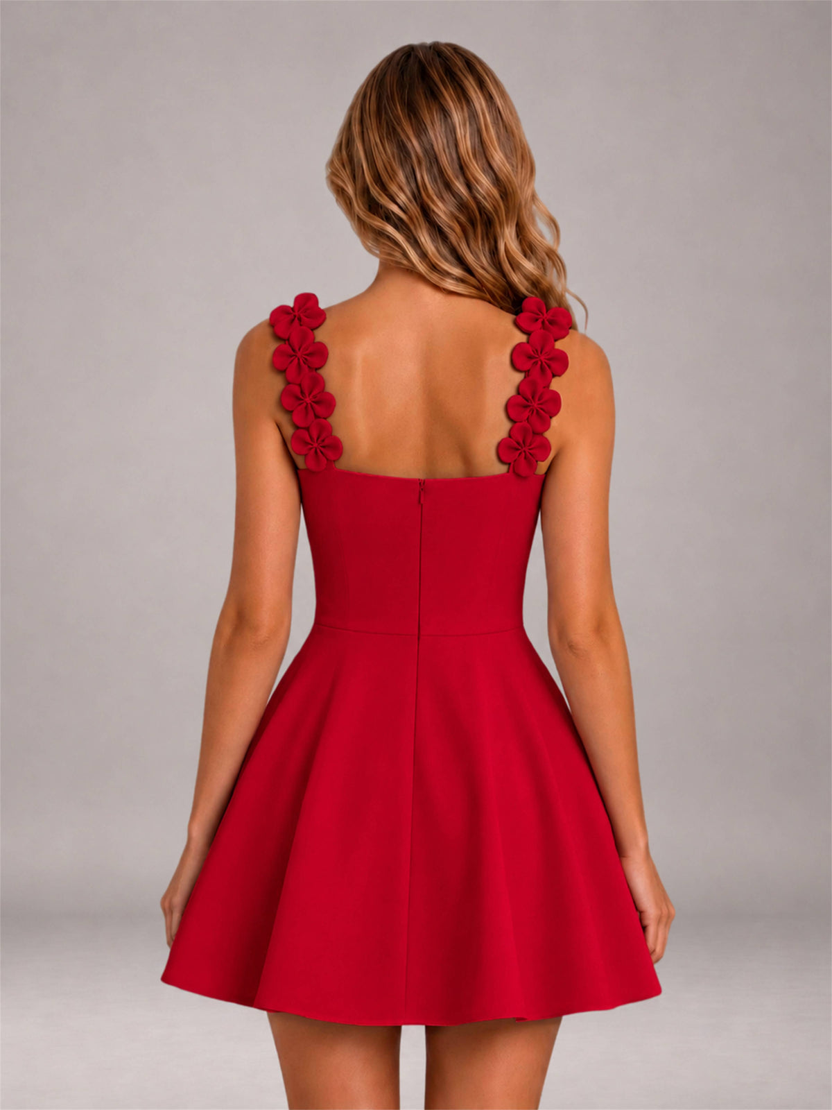 Red 3D Floral Strap Square Neck A-Line Mini Homecoming Dress
