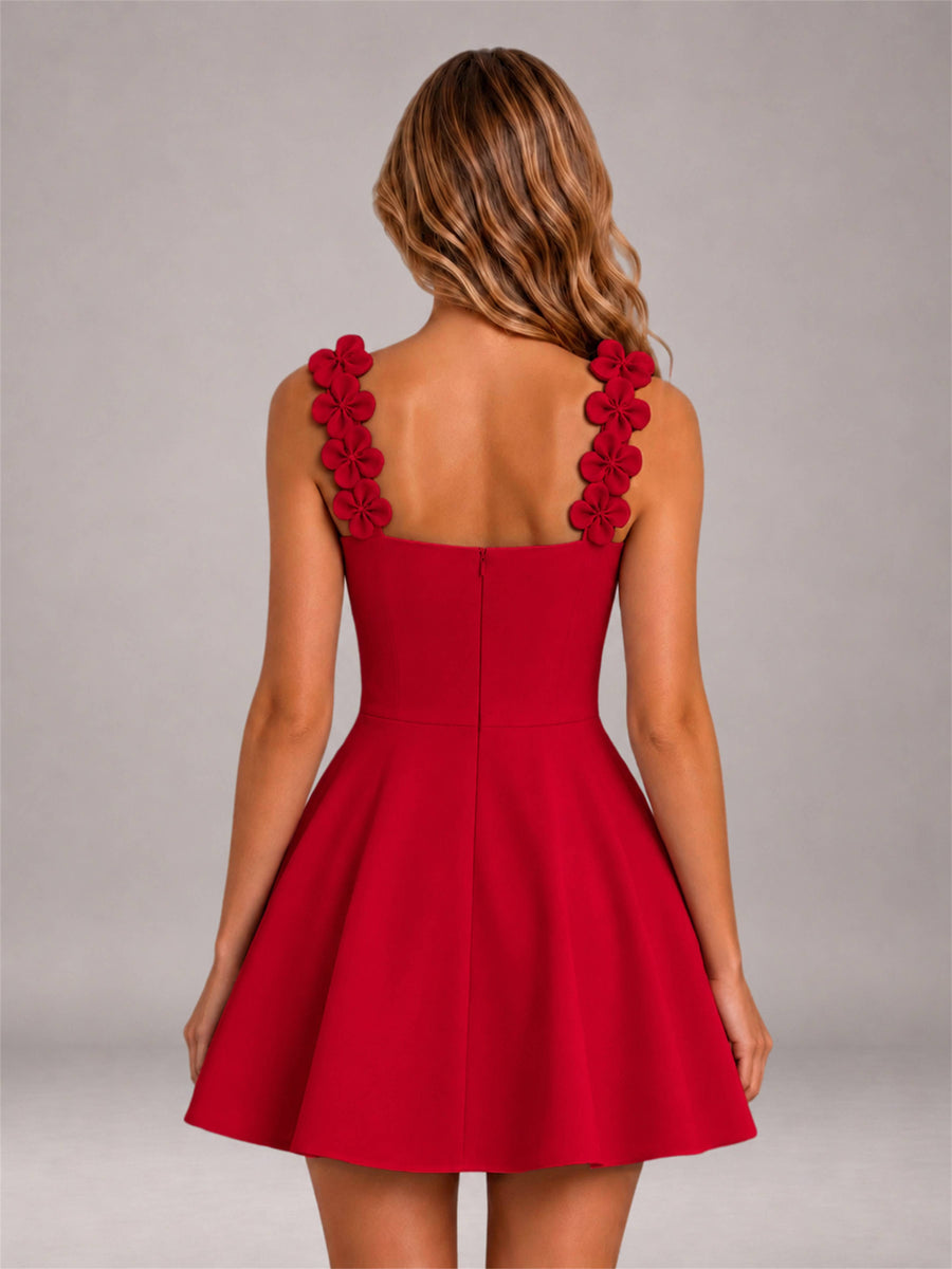 Red 3D Floral Strap Square Neck A-Line Mini Homecoming Dress