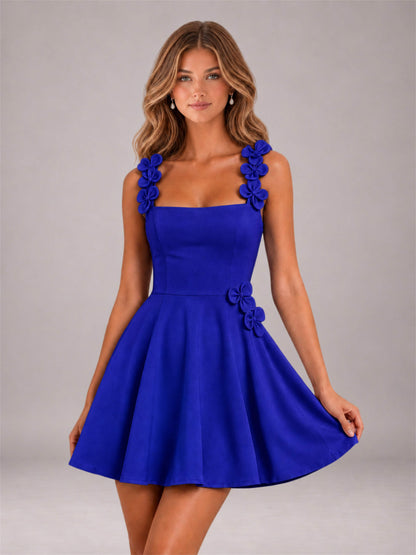 Royal Blue 3D Floral Strap Square Neck A-Line Mini Homecoming Dress