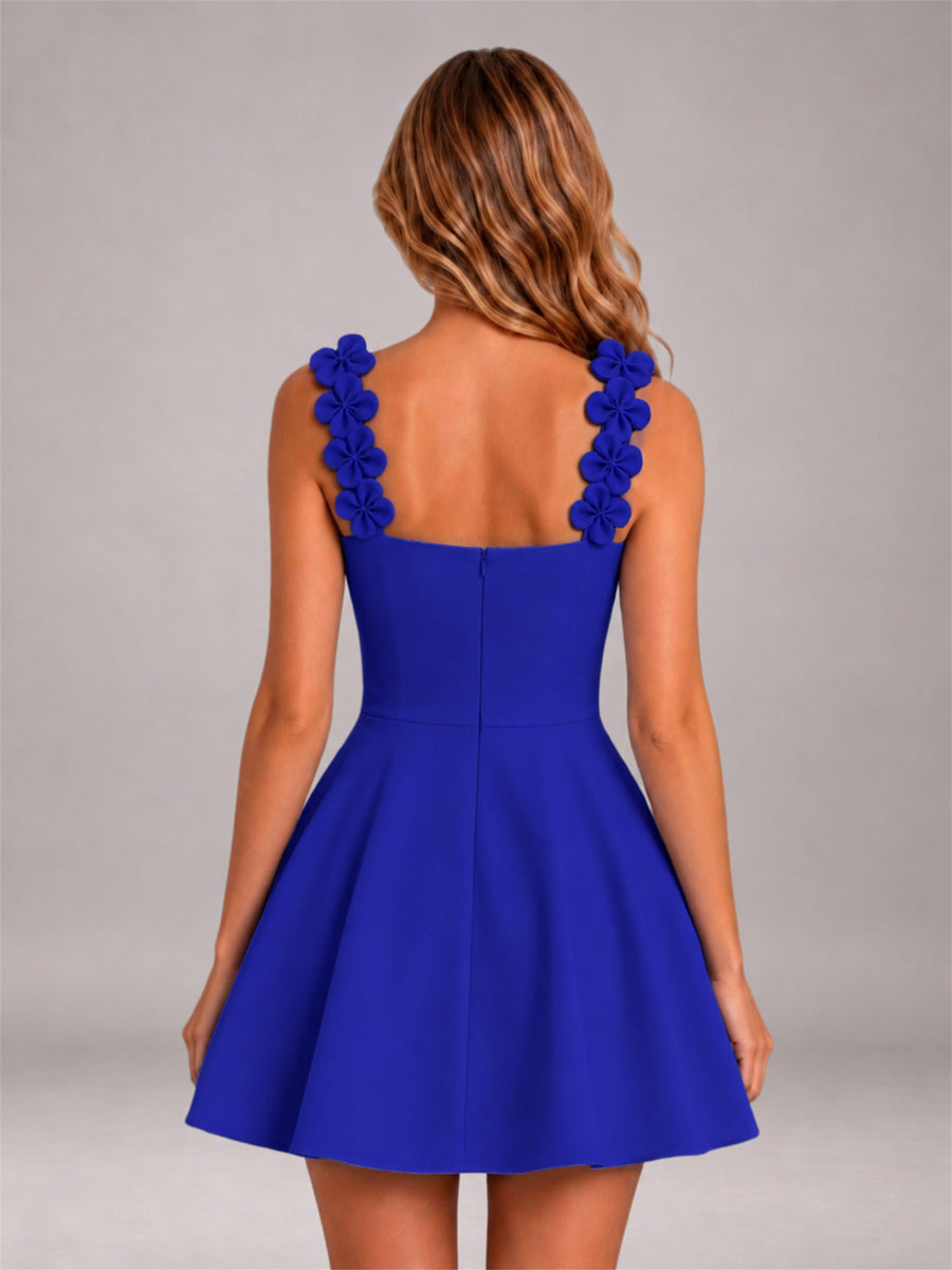 Royal Blue 3D Floral Strap Square Neck A-Line Mini Homecoming Dress