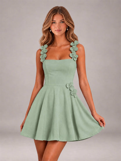 Sage Green 3D Floral Strap Square Neck A-Line Mini Homecoming Dress