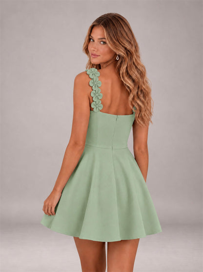 Sage Green 3D Floral Strap Square Neck A-Line Mini Homecoming Dress