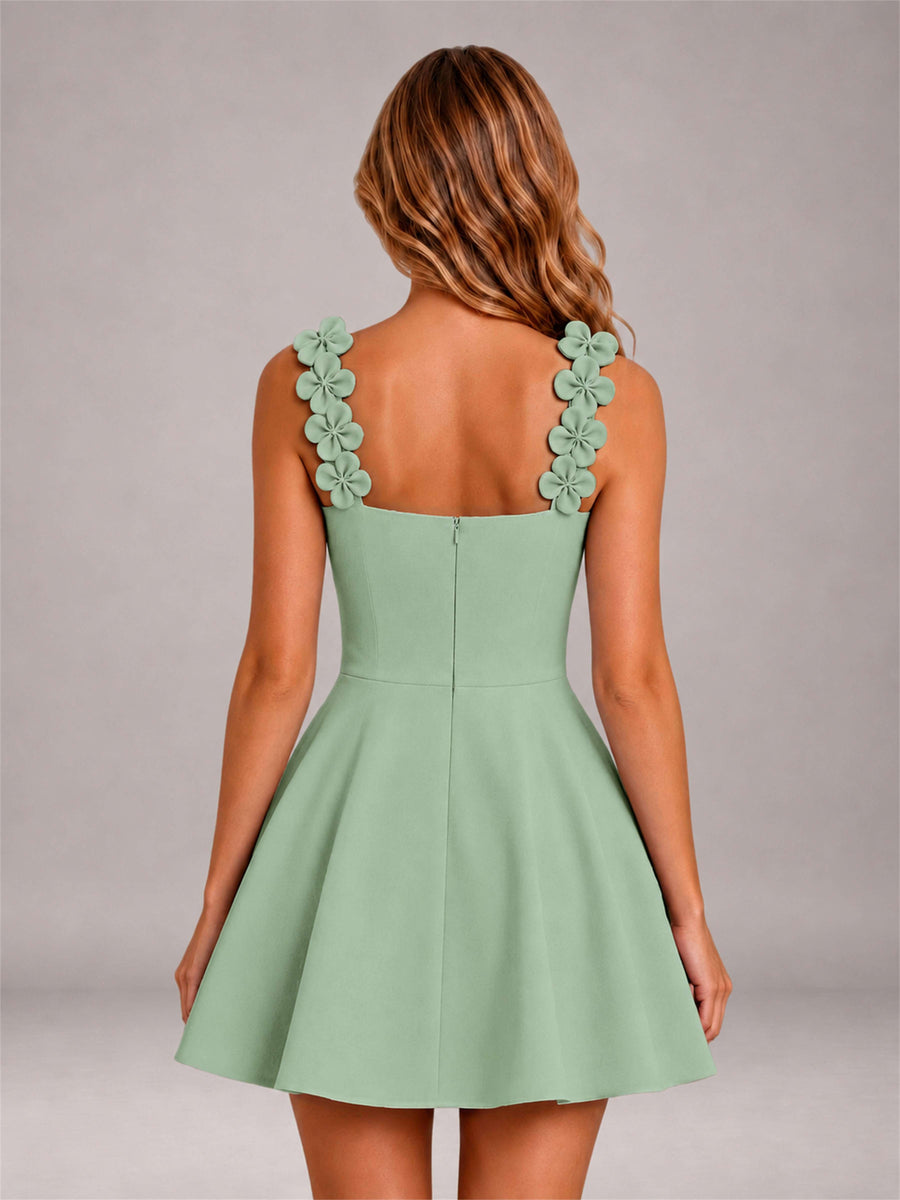 Sage Green 3D Floral Strap Square Neck A-Line Mini Homecoming Dress