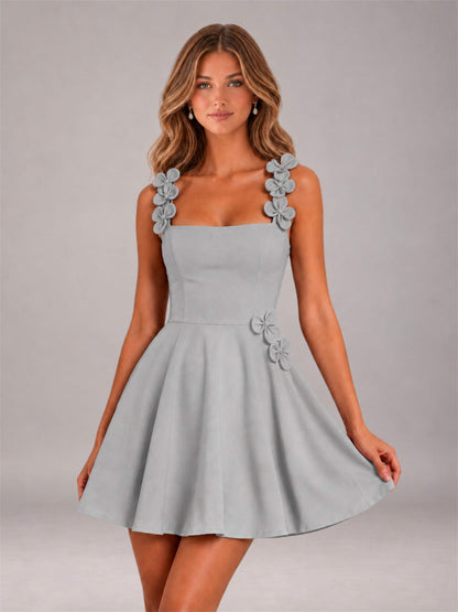 Silver 3D Floral Strap Square Neck A-Line Mini Homecoming Dress