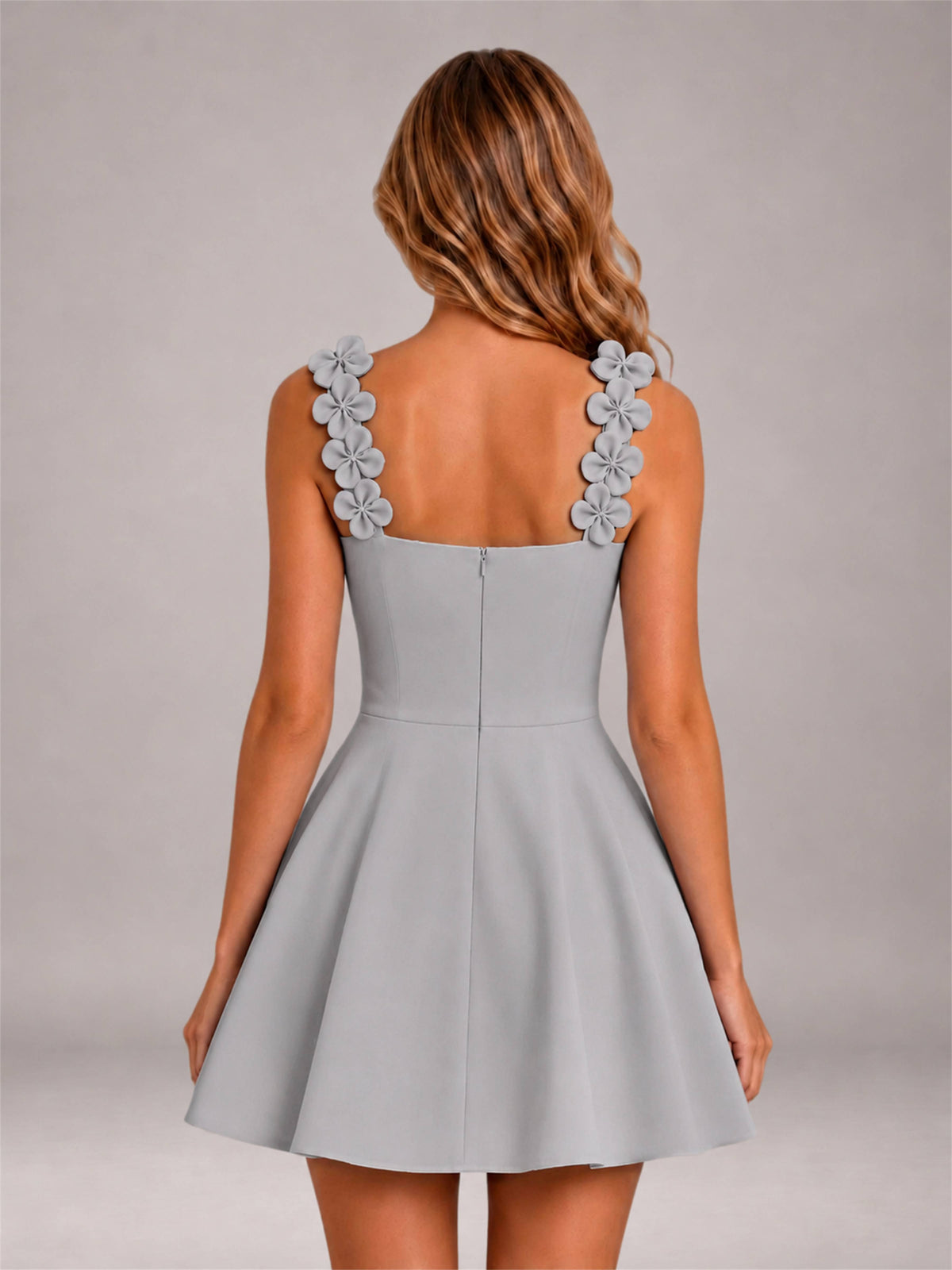Silver 3D Floral Strap Square Neck A-Line Mini Homecoming Dress