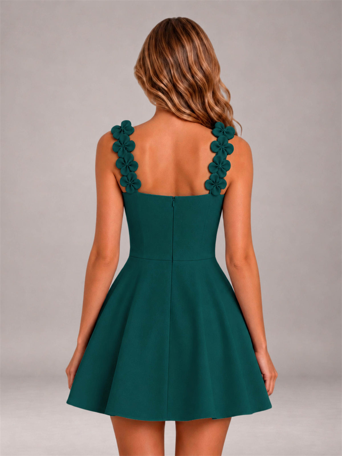 Teal 3D Floral Strap Square Neck A-Line Mini Homecoming Dress