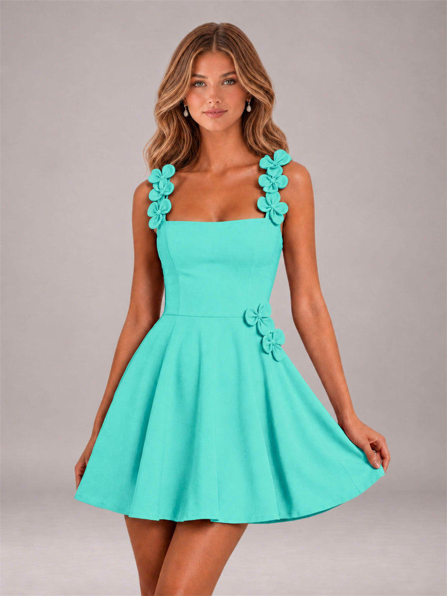 Turquoise 3D Floral Strap Square Neck A-Line Mini Homecoming Dress
