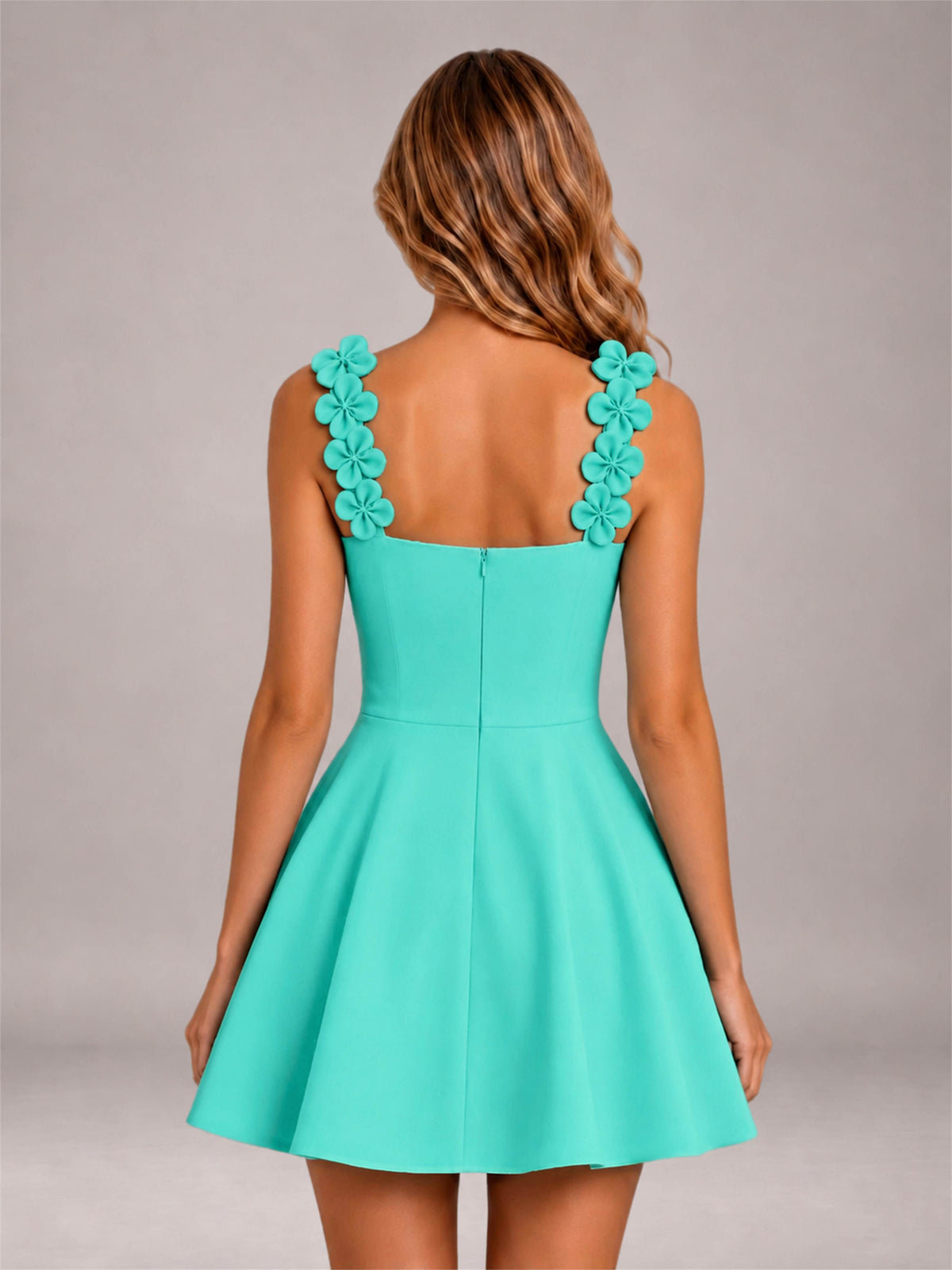 Turquoise 3D Floral Strap Square Neck A-Line Mini Homecoming Dress