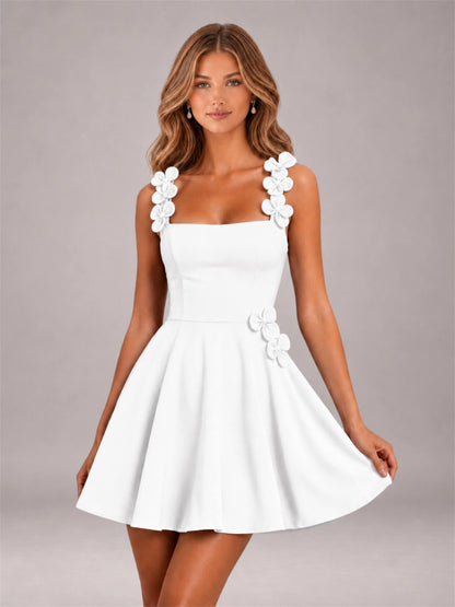 White 3D Floral Strap Square Neck A-Line Mini Homecoming Dress