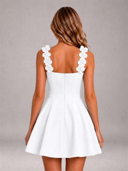 White 3D Floral Strap Square Neck A-Line Mini Homecoming Dress