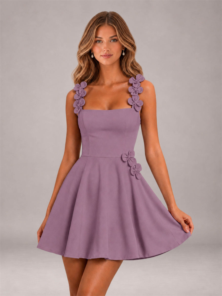 Wisteria 3D Floral Strap Square Neck A-Line Mini Homecoming Dress