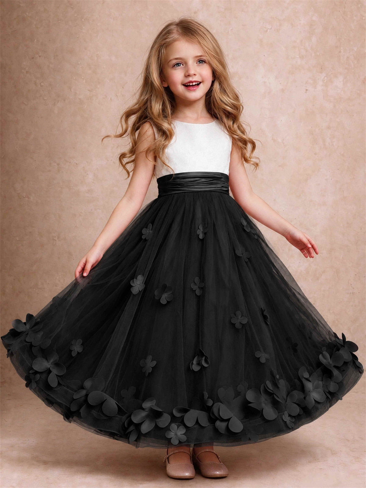 3D Floral Tulle Flower Girl Dress Pleated Sleeveless Floor Length Formal Wedding Party Gown