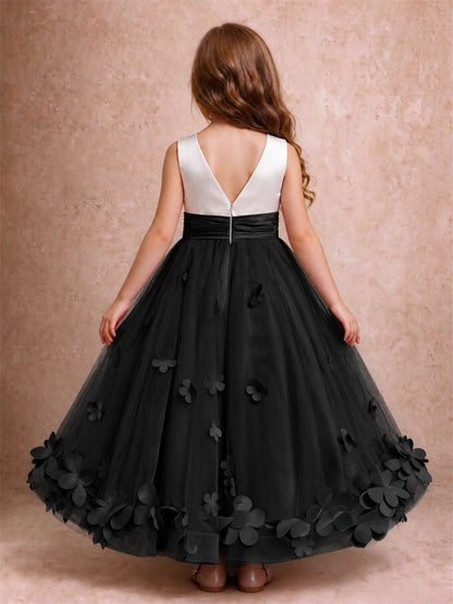 3D Floral Tulle Flower Girl Dress Pleated Sleeveless Floor Length Formal Wedding Party Gown