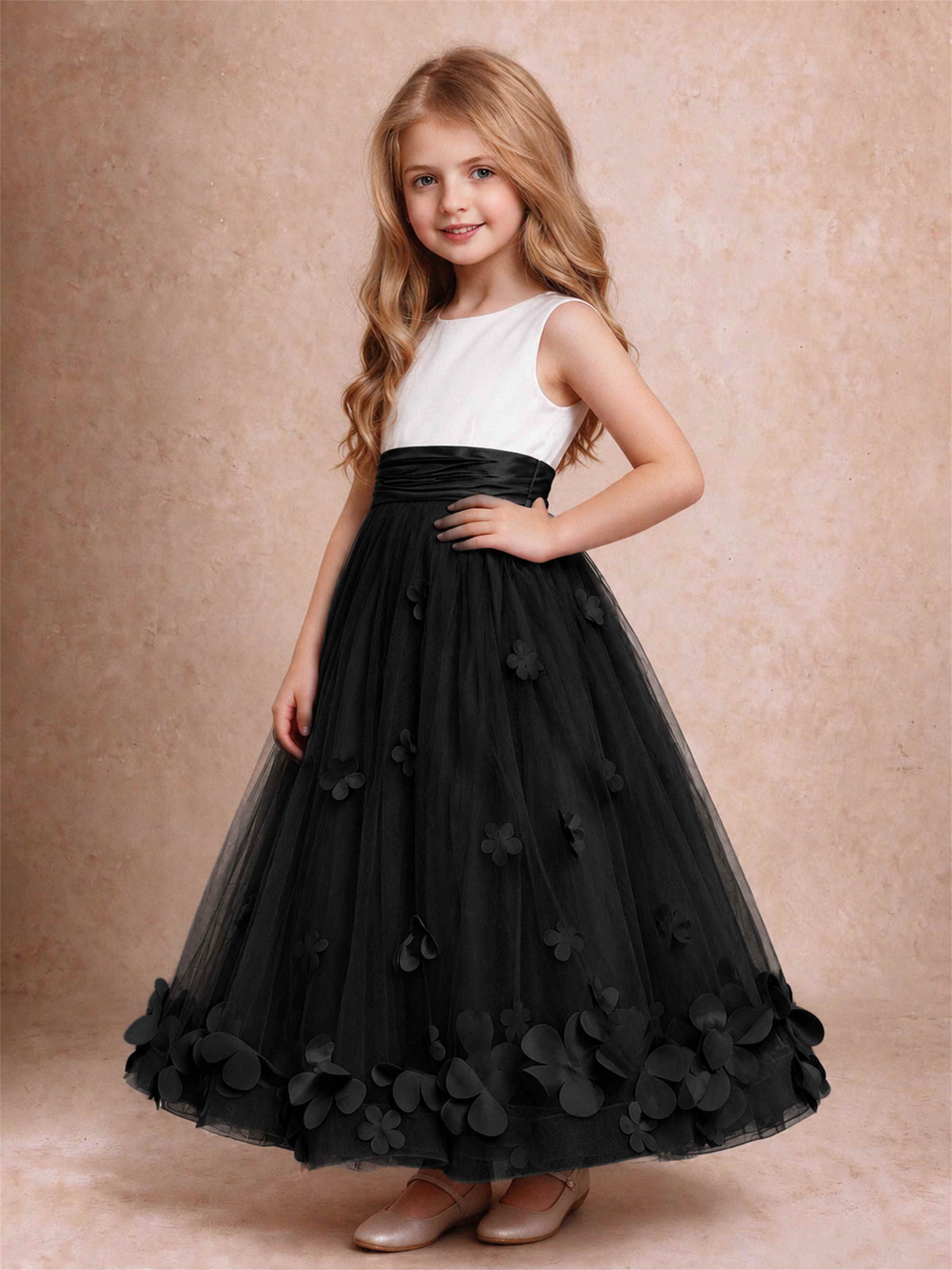 3D Floral Tulle Flower Girl Dress Pleated Sleeveless Floor Length Formal Wedding Party Gown