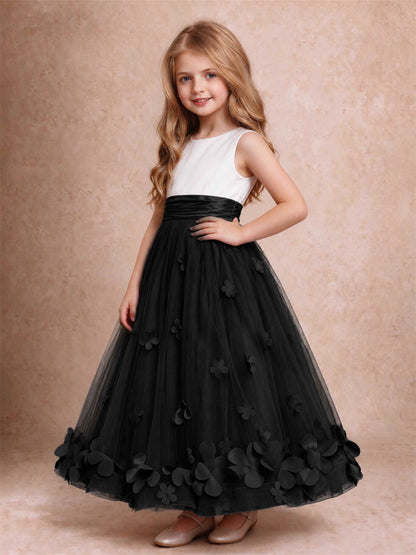 3D Floral Tulle Flower Girl Dress Pleated Sleeveless Floor Length Formal Wedding Party Gown