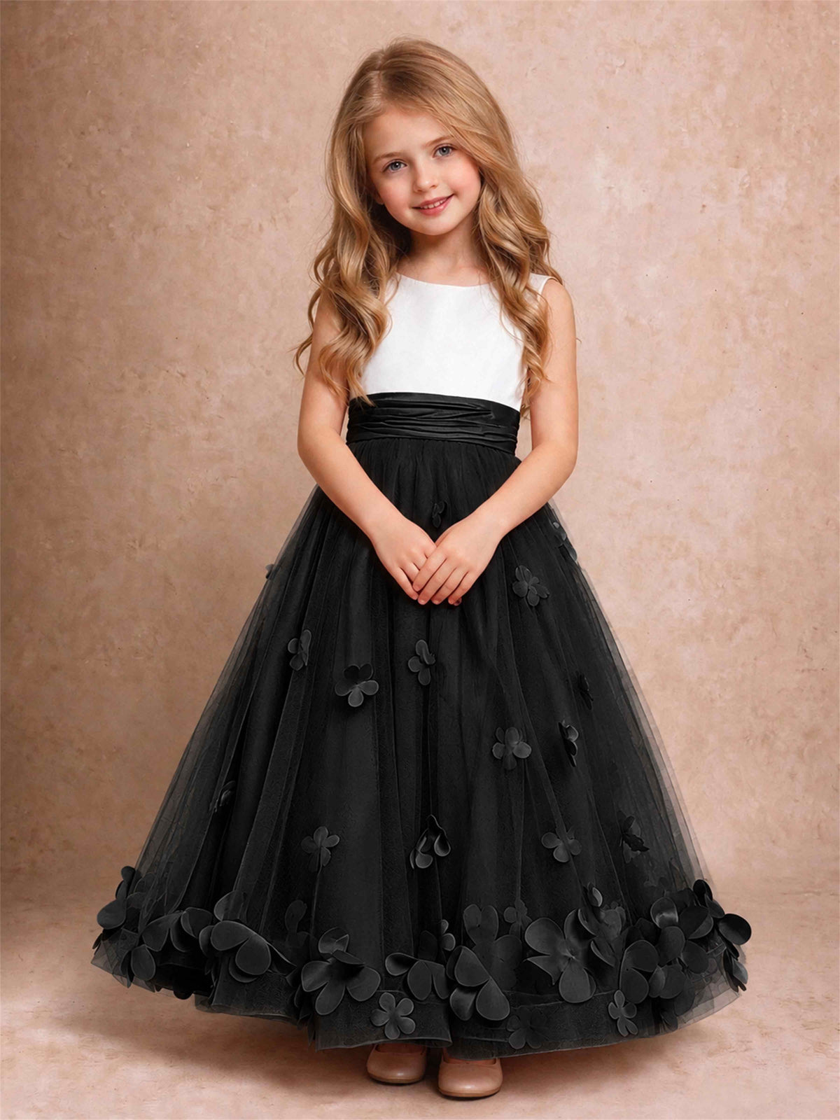 3D Floral Tulle Flower Girl Dress Pleated Sleeveless Floor Length Formal Wedding Party Gown