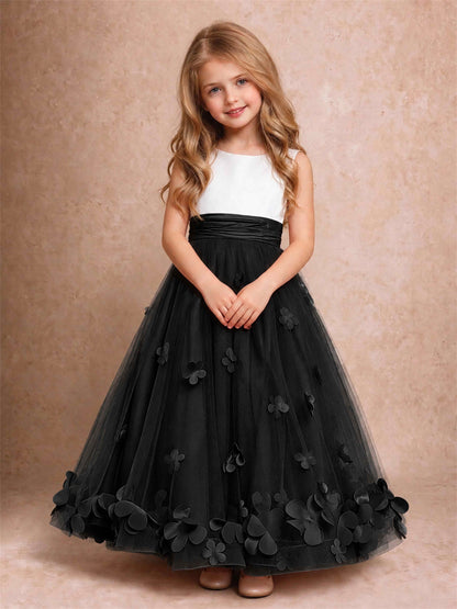 3D Floral Tulle Flower Girl Dress Pleated Sleeveless Floor Length Formal Wedding Party Gown