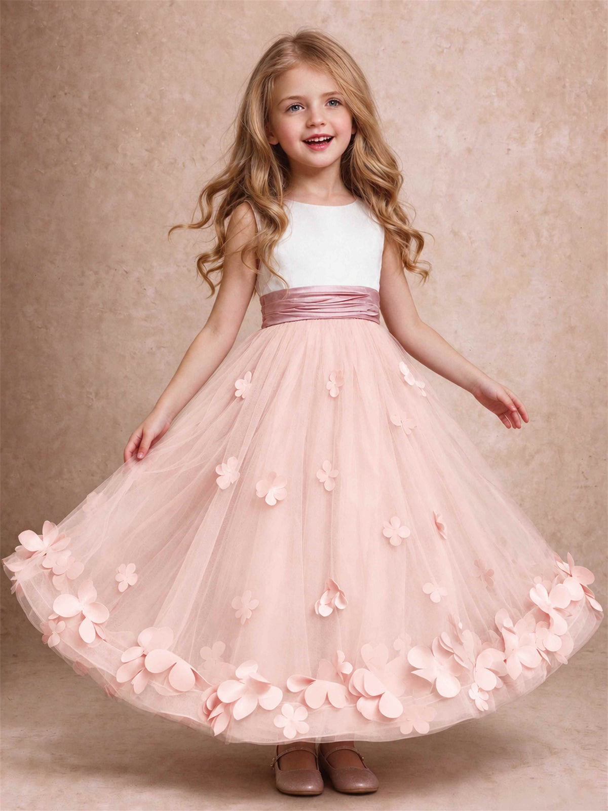 3D Floral Tulle Flower Girl Dress Pleated Sleeveless Floor Length Formal Wedding Party Gown
