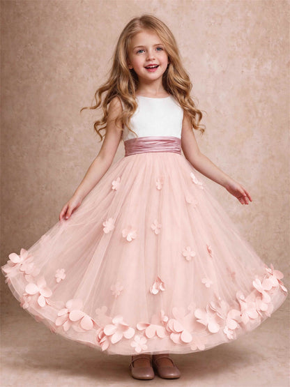 3D Floral Tulle Flower Girl Dress Pleated Sleeveless Floor Length Formal Wedding Party Gown