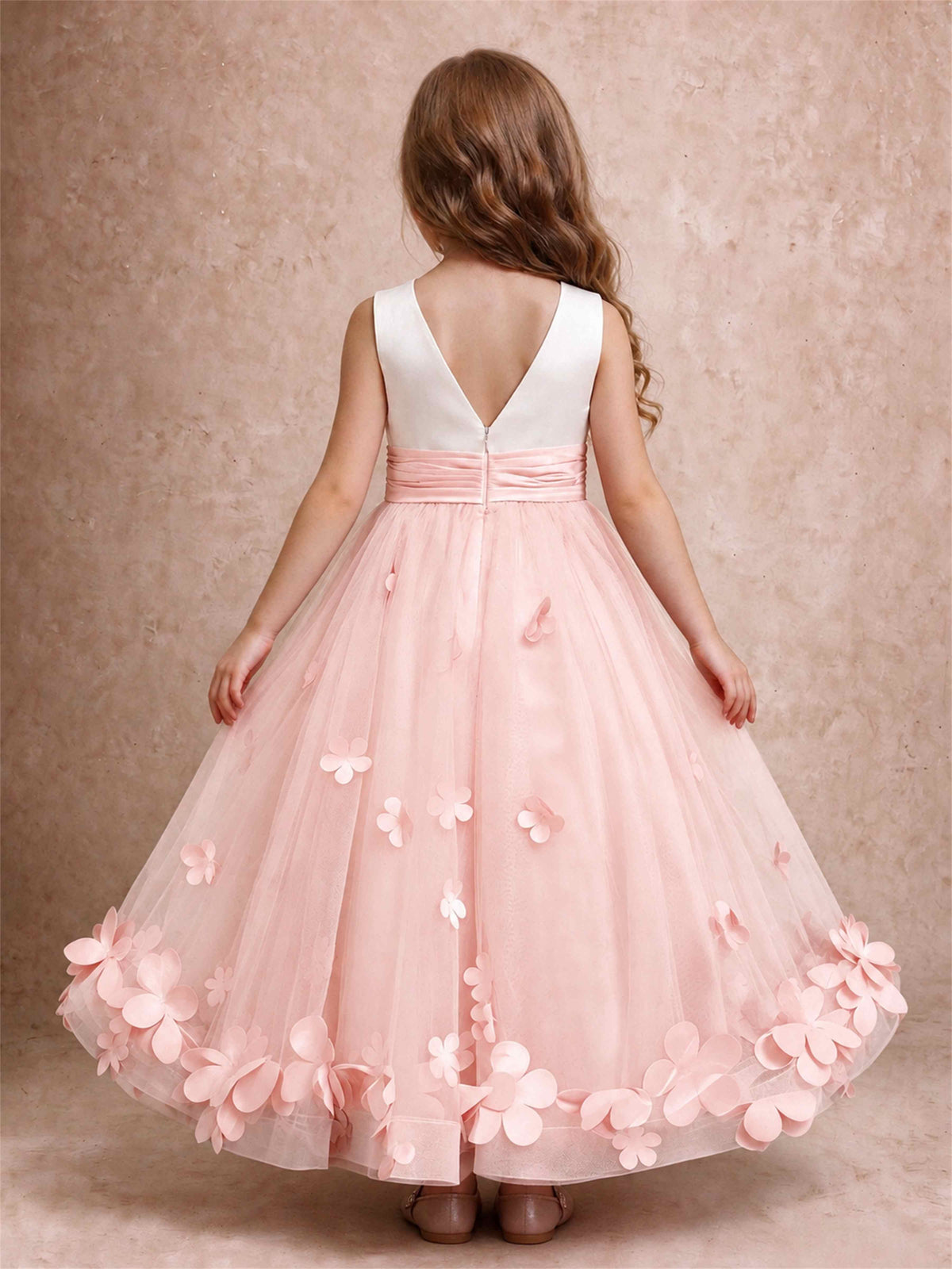 3D Floral Tulle Flower Girl Dress Pleated Sleeveless Floor Length Formal Wedding Party Gown
