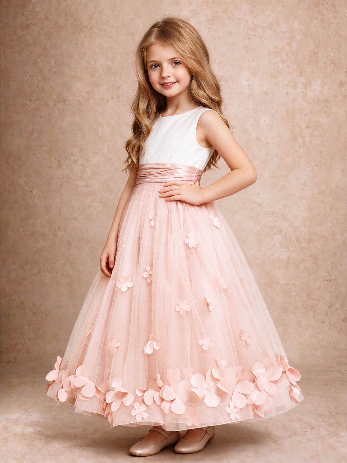 3D Floral Tulle Flower Girl Dress Pleated Sleeveless Floor Length Formal Wedding Party Gown