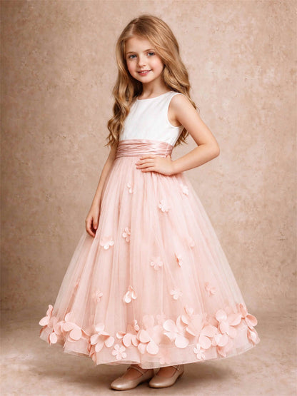 3D Floral Tulle Flower Girl Dress Pleated Sleeveless Floor Length Formal Wedding Party Gown