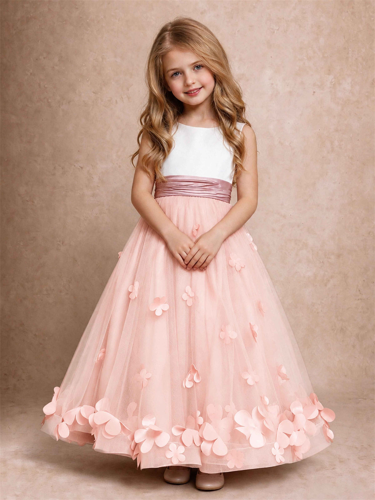 3D Floral Tulle Flower Girl Dress Pleated Sleeveless Floor Length Formal Wedding Party Gown