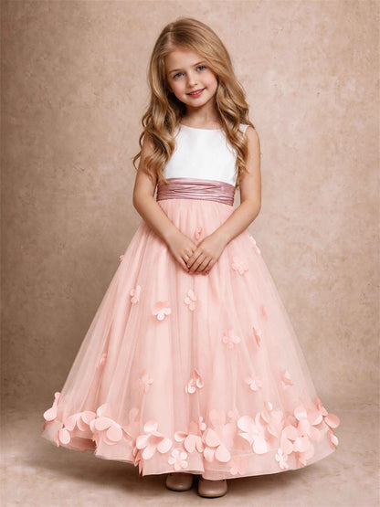 3D Floral Tulle Flower Girl Dress Pleated Sleeveless Floor Length Formal Wedding Party Gown