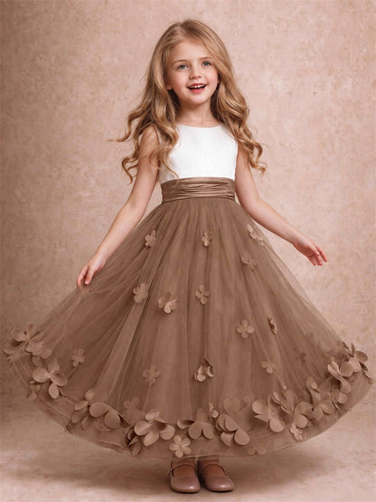 3D Floral Tulle Flower Girl Dress Pleated Sleeveless Floor Length Formal Wedding Party Gown