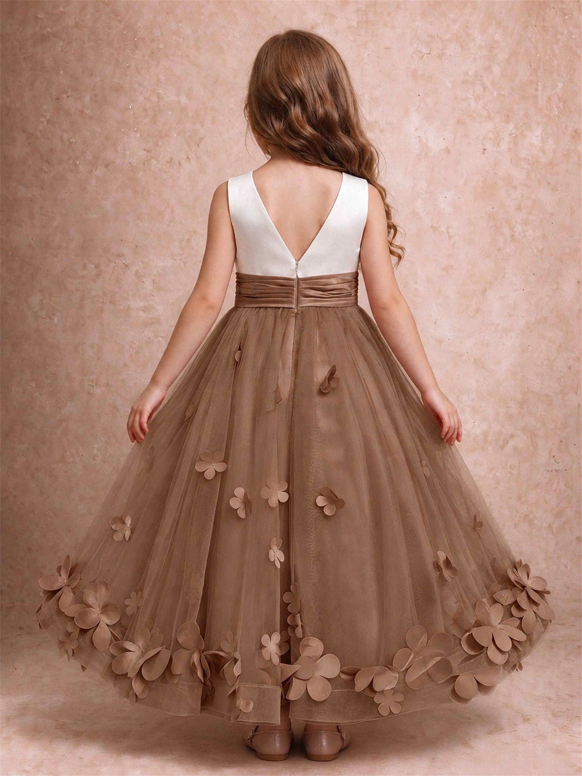 3D Floral Tulle Flower Girl Dress Pleated Sleeveless Floor Length Formal Wedding Party Gown